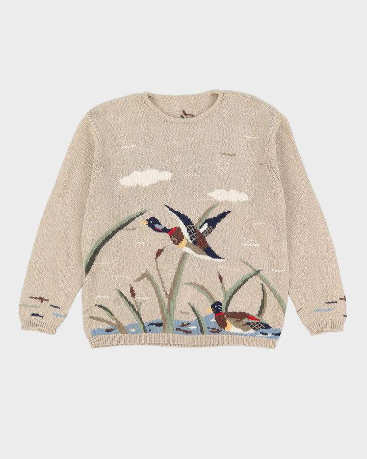 Beige With Flying Ducks Knitted Jumper -M