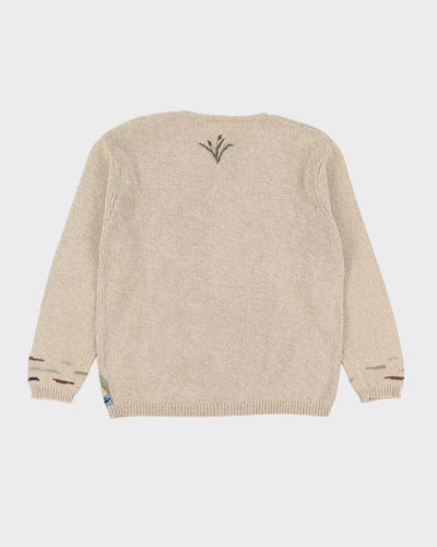 Beige With Flying Ducks Knitted Jumper -M