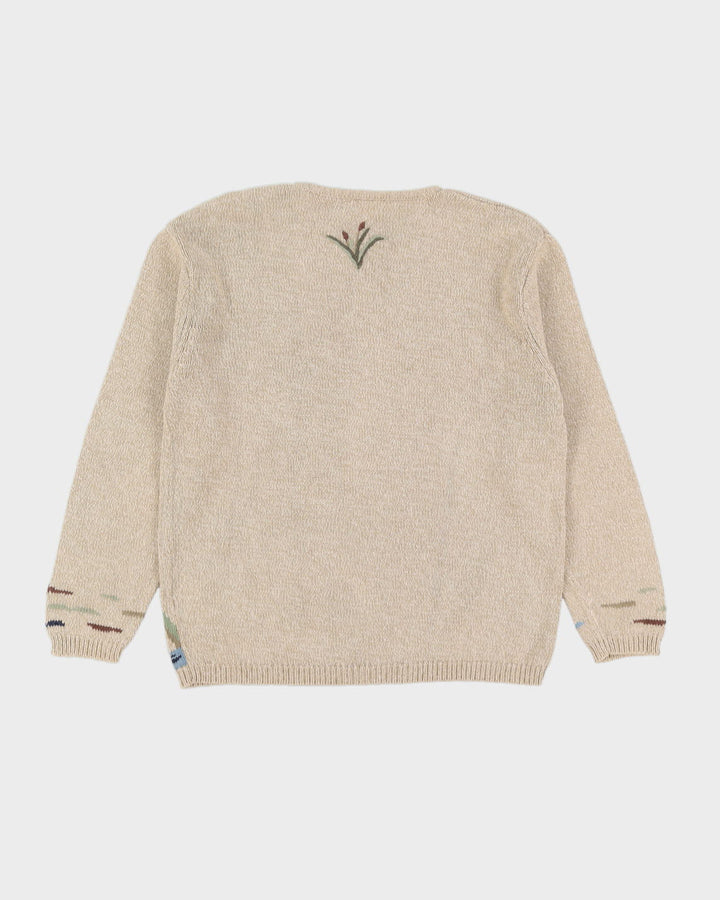 Beige With Flying Ducks Knitted Jumper -M