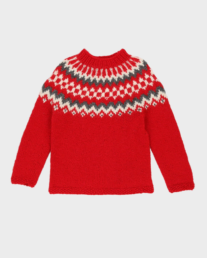 Red Hand-Knitted Ski Jumper - S