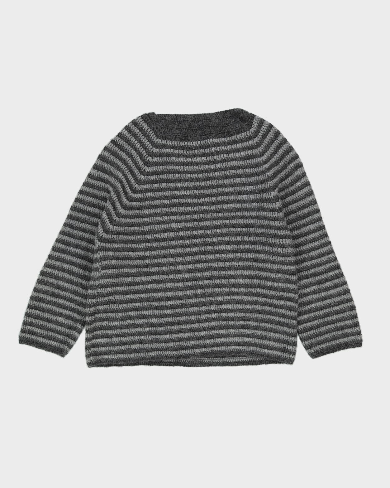 Grey Striped Crocheted Jumper - L