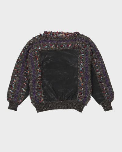 1990s Grey With Leather Patches Knitted Jumper - L