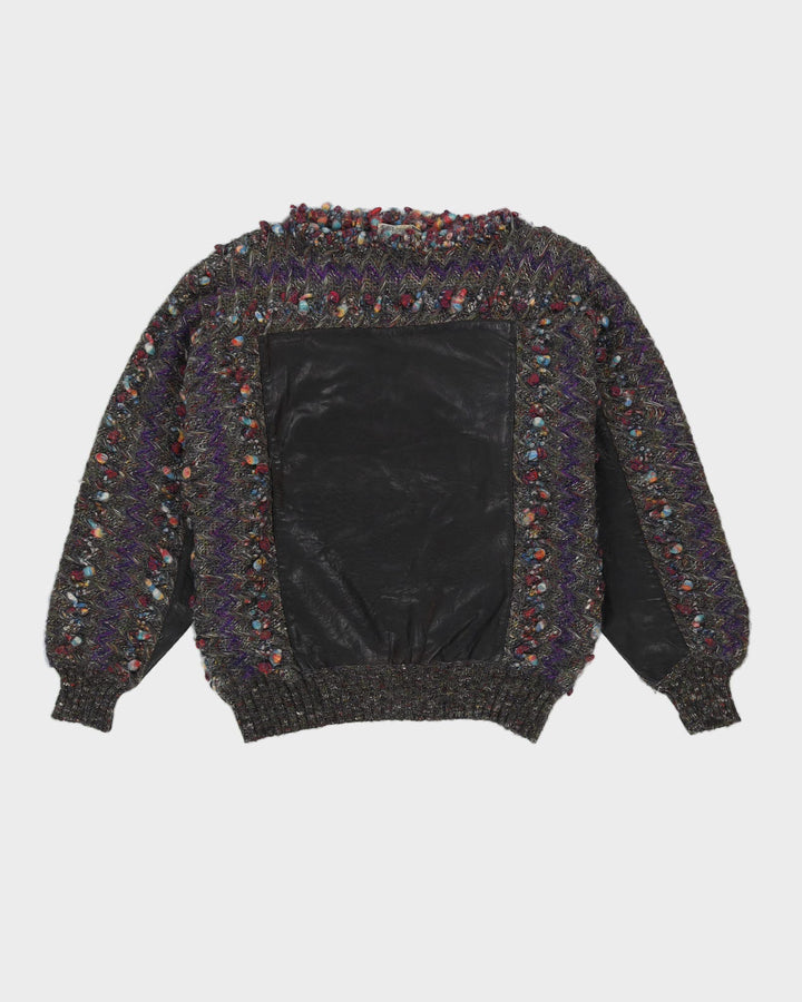 1990s Grey With Leather Patches Knitted Jumper - L