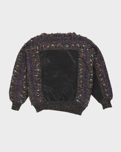 1990s Grey With Leather Patches Knitted Jumper - L