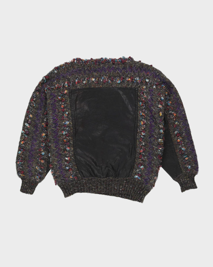 1990s Grey With Leather Patches Knitted Jumper - L