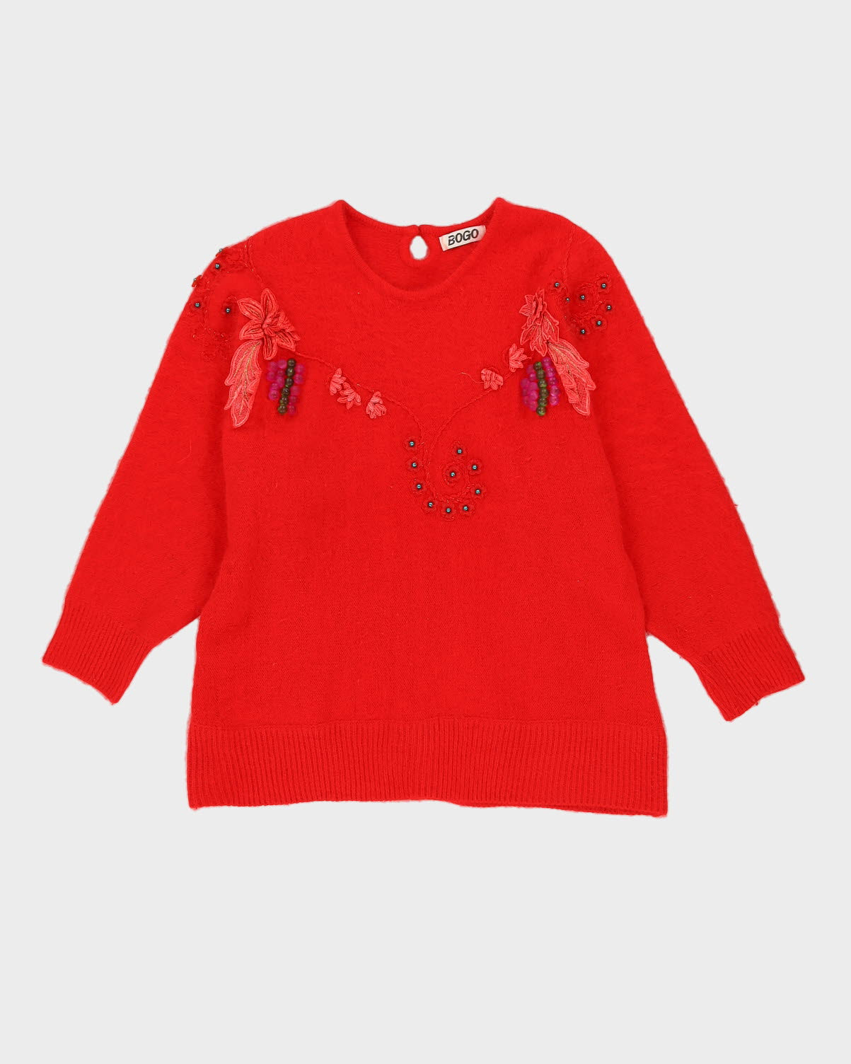 00s Red Beaded Angora Knitted Jumper - M