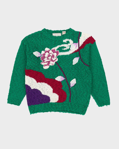 Green With Floral Applique Knitted Jumper - M