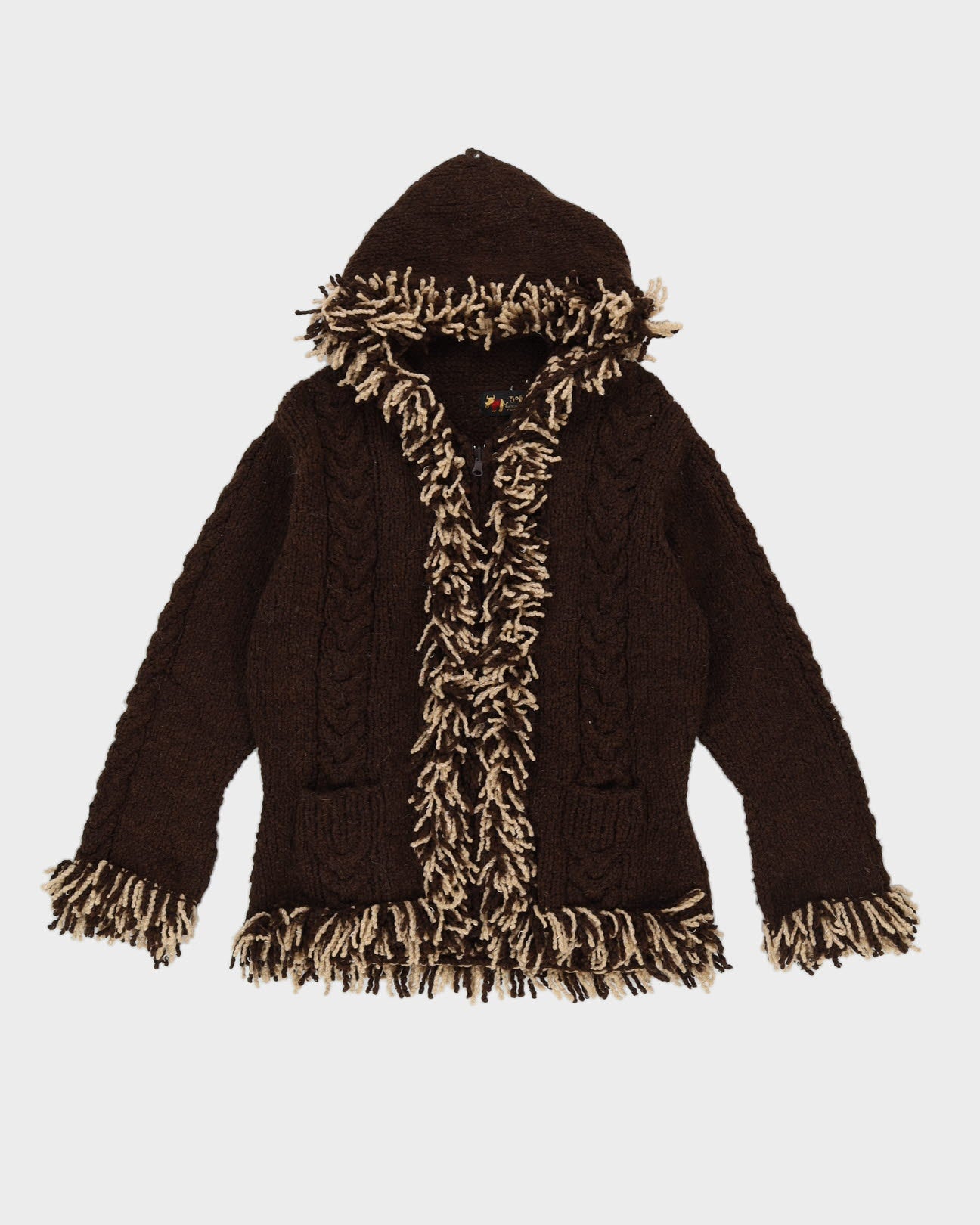 Brown Fringed Wool Knitted Cardigan - M