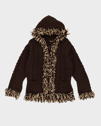 Brown Fringed Wool Knitted Cardigan - M