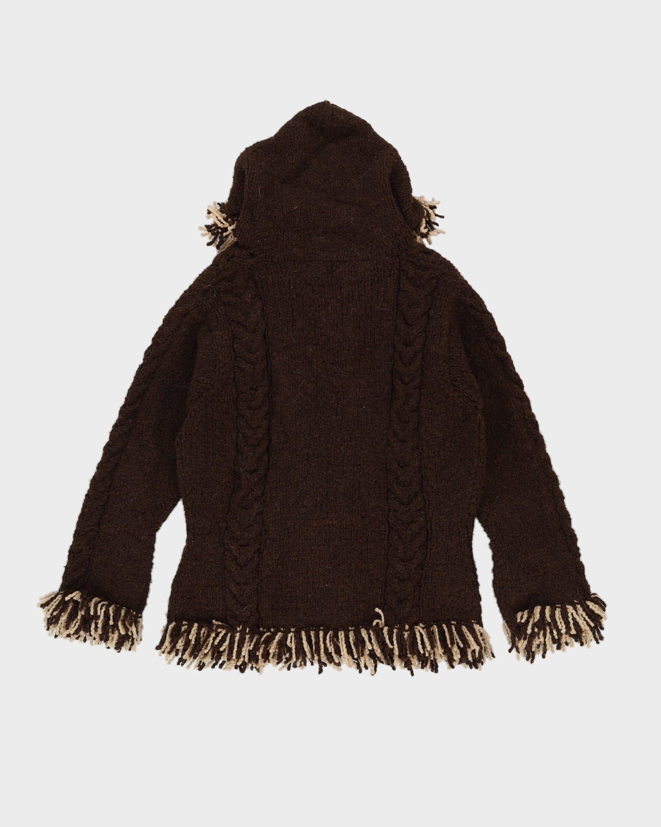 Brown Fringed Wool Knitted Cardigan - M