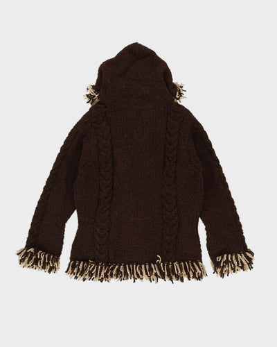 Brown Fringed Wool Knitted Cardigan - M