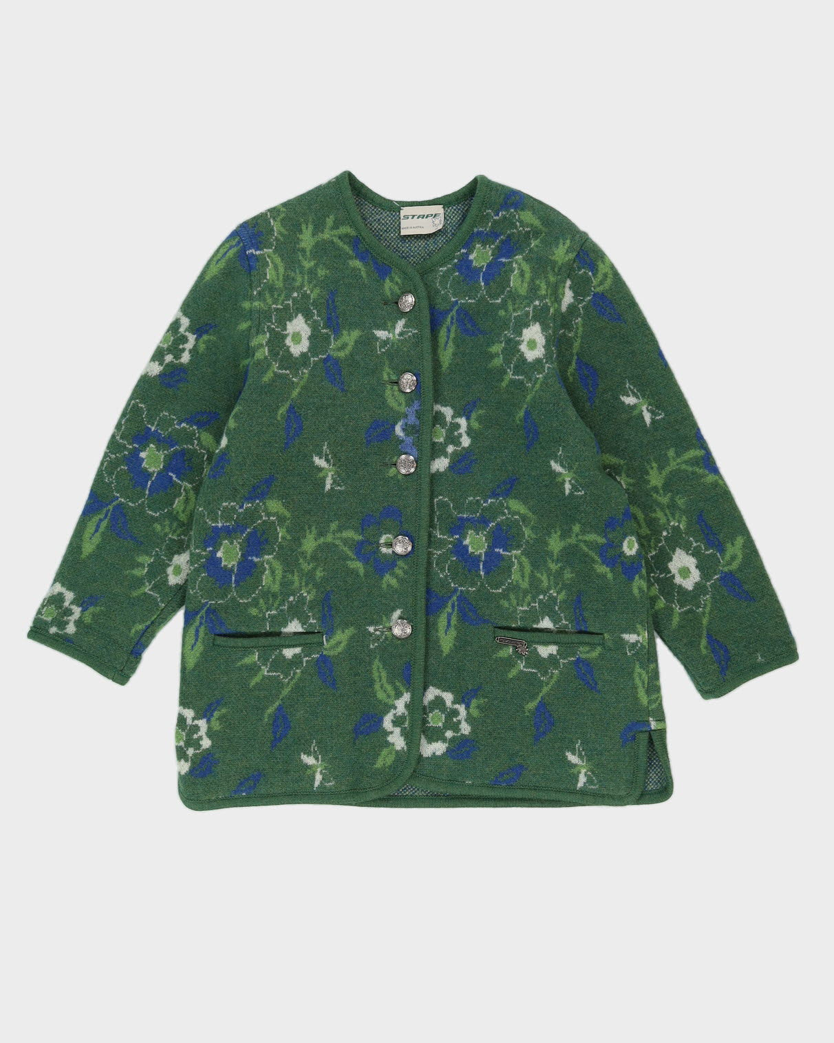 00s Austrian Green Floral Knitted Cardigan - M