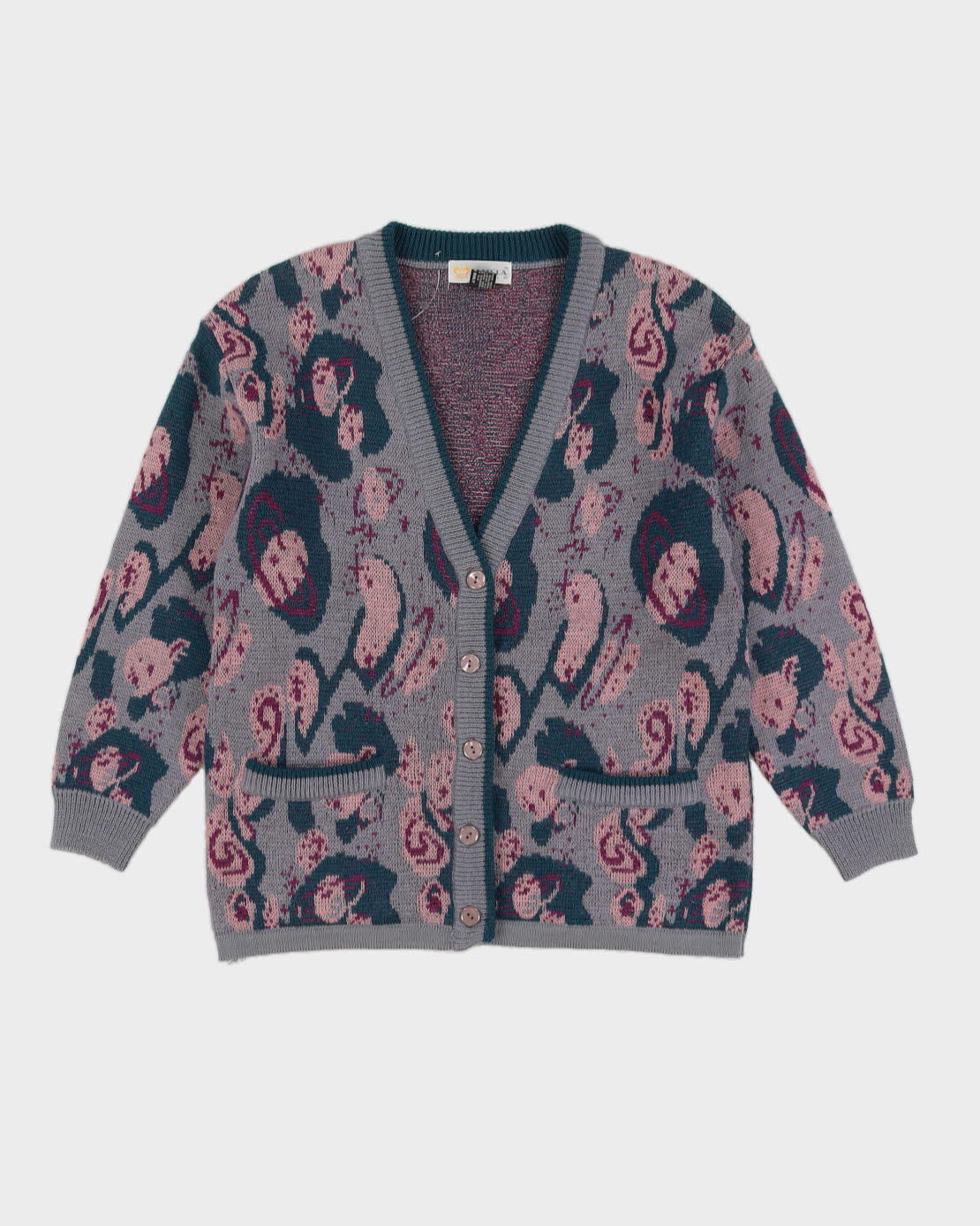 1990s Grey And Pink Knitted Cardigan - M