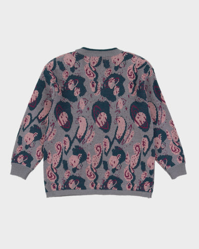 1990s Grey And Pink Knitted Cardigan - M