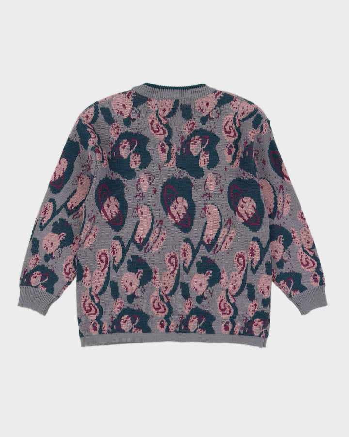 1990s Grey And Pink Knitted Cardigan - M