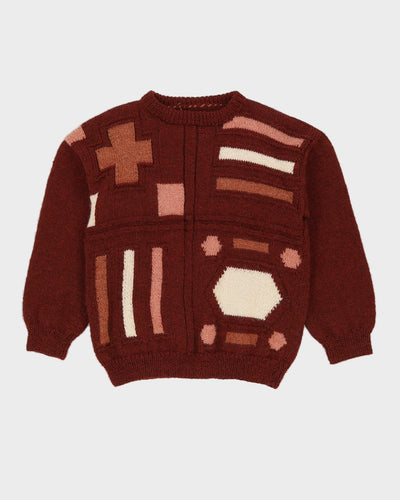 Burgundy Hand-Knitted Patterned Jumper - XS
