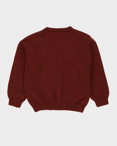 Burgundy Hand-Knitted Patterned Jumper - XS