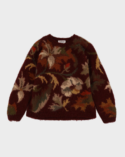 Burgundy Patterned Hand Knitted Jumper- M