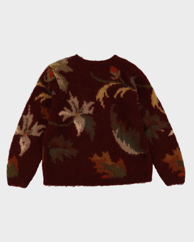Burgundy Patterned Hand Knitted Jumper- M