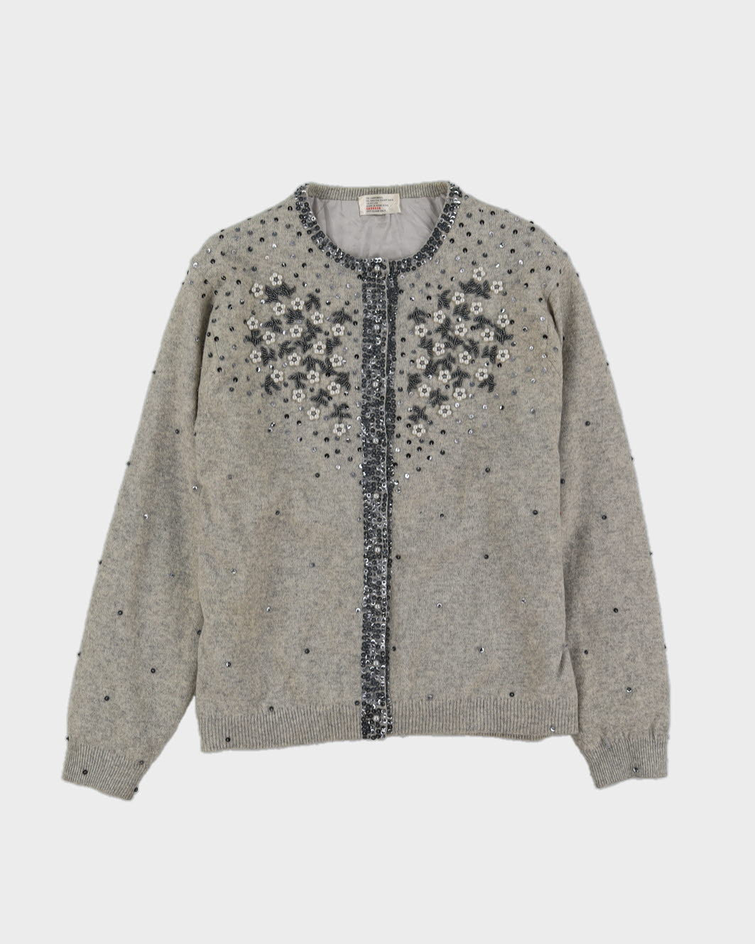 Grey Beaded Knitted Cardigan - M