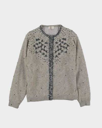 Grey Beaded Knitted Cardigan - M