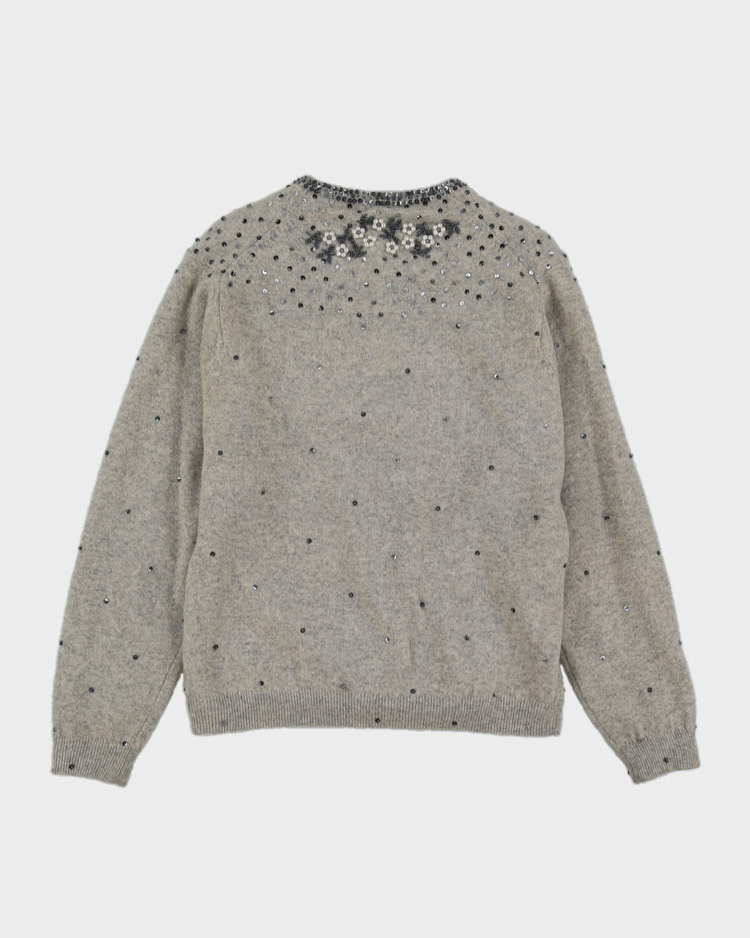 Grey Beaded Knitted Cardigan - M