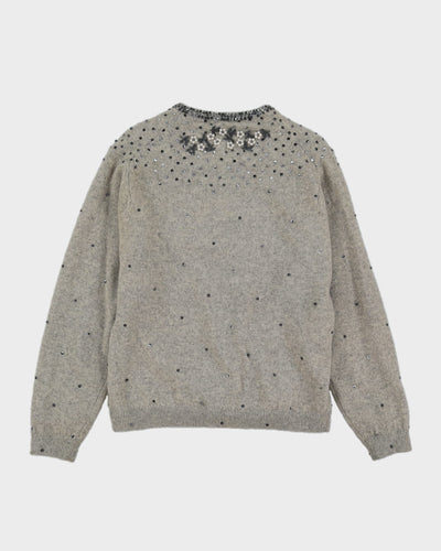 Grey Beaded Knitted Cardigan - M