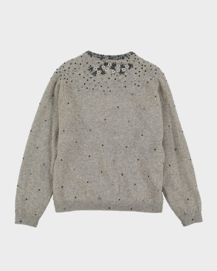 Grey Beaded Knitted Cardigan - M