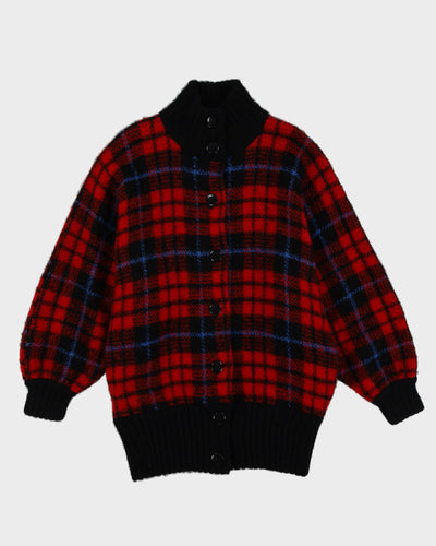 Red Tartan Patterned Knitted Cardigan - L