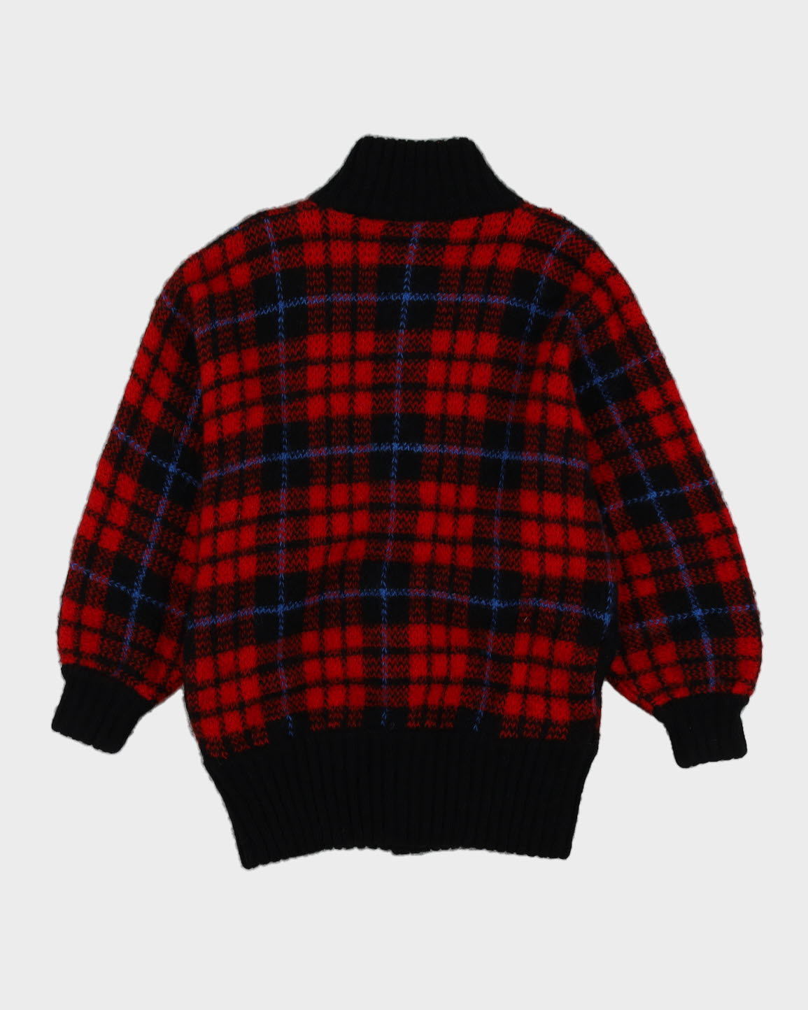 Red Tartan Patterned Knitted Cardigan - L