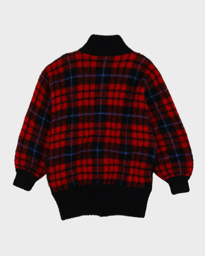 Red Tartan Patterned Knitted Cardigan - L