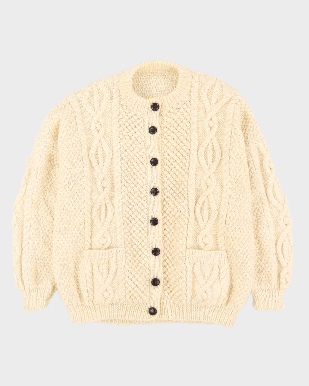 Cream Wool Hand-Knitted Cardigan - L