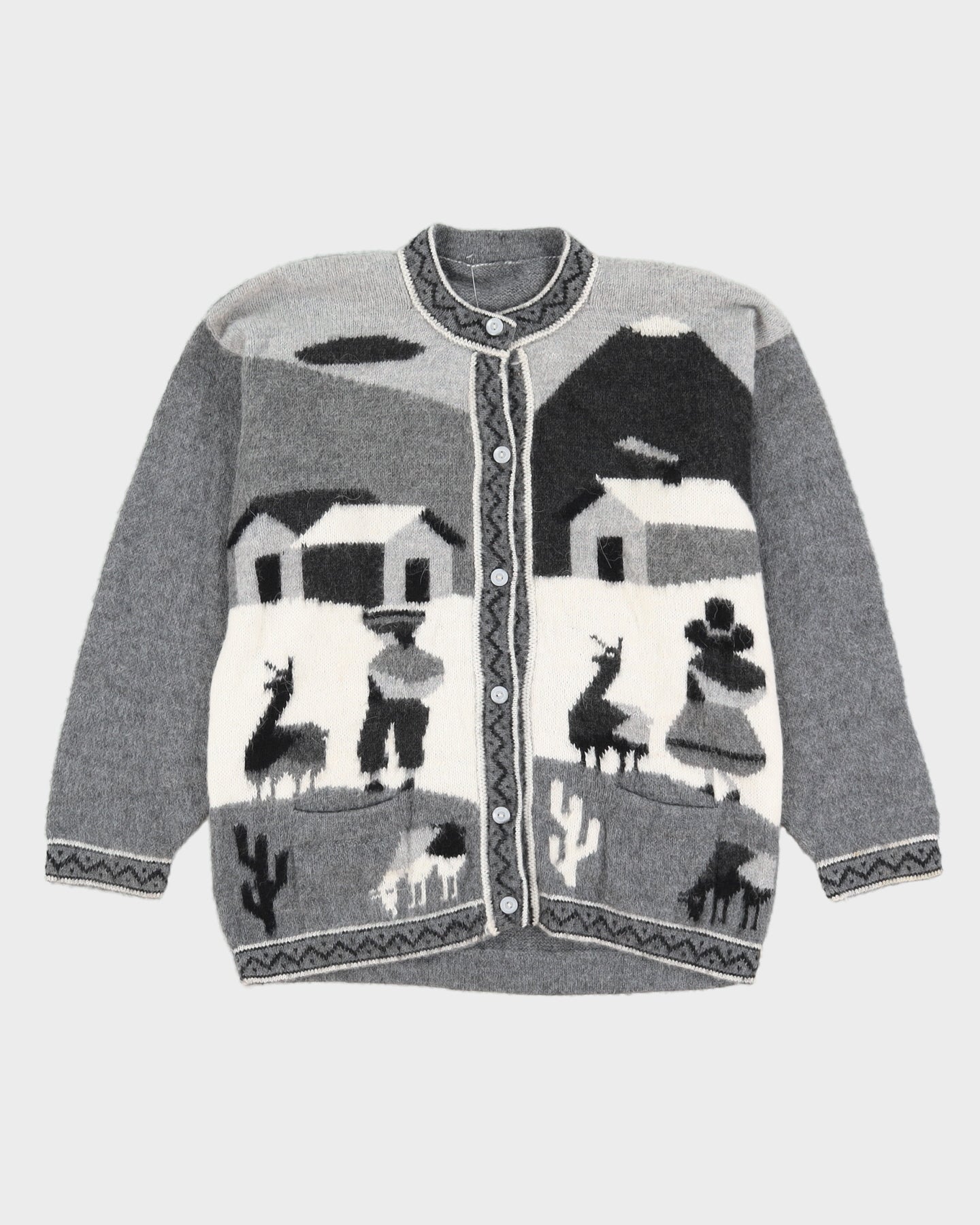 Grey Alpaca Wool Hand-Knitted Cardigan - S