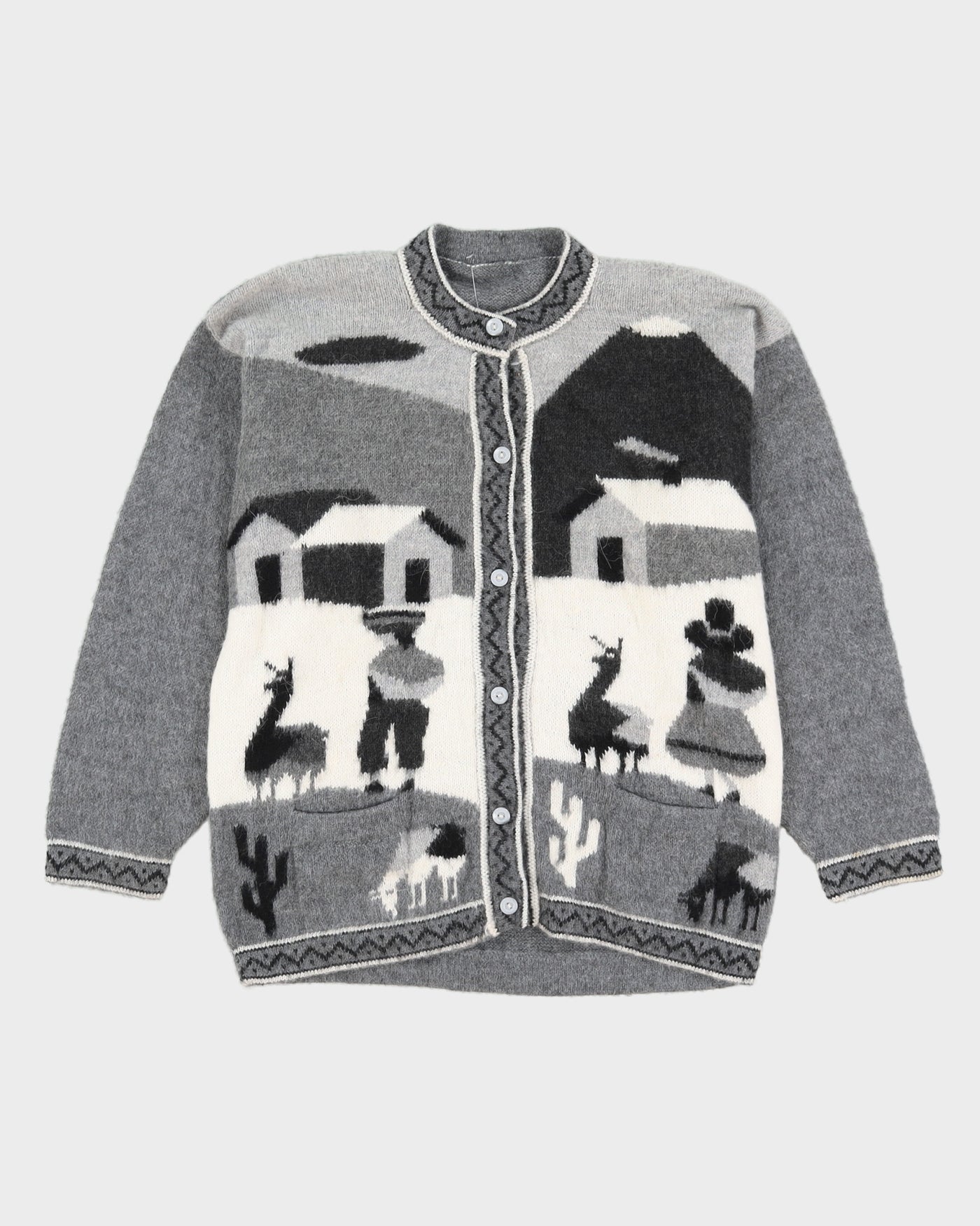 Grey Alpaca Wool Hand-Knitted Cardigan - S
