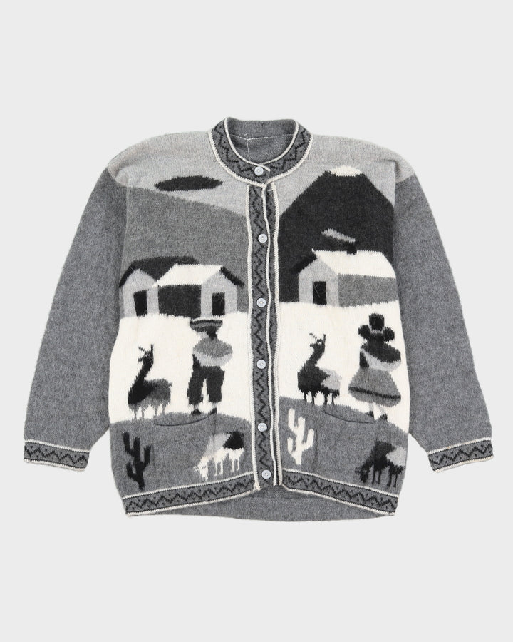 Grey Alpaca Wool Hand-Knitted Cardigan - S
