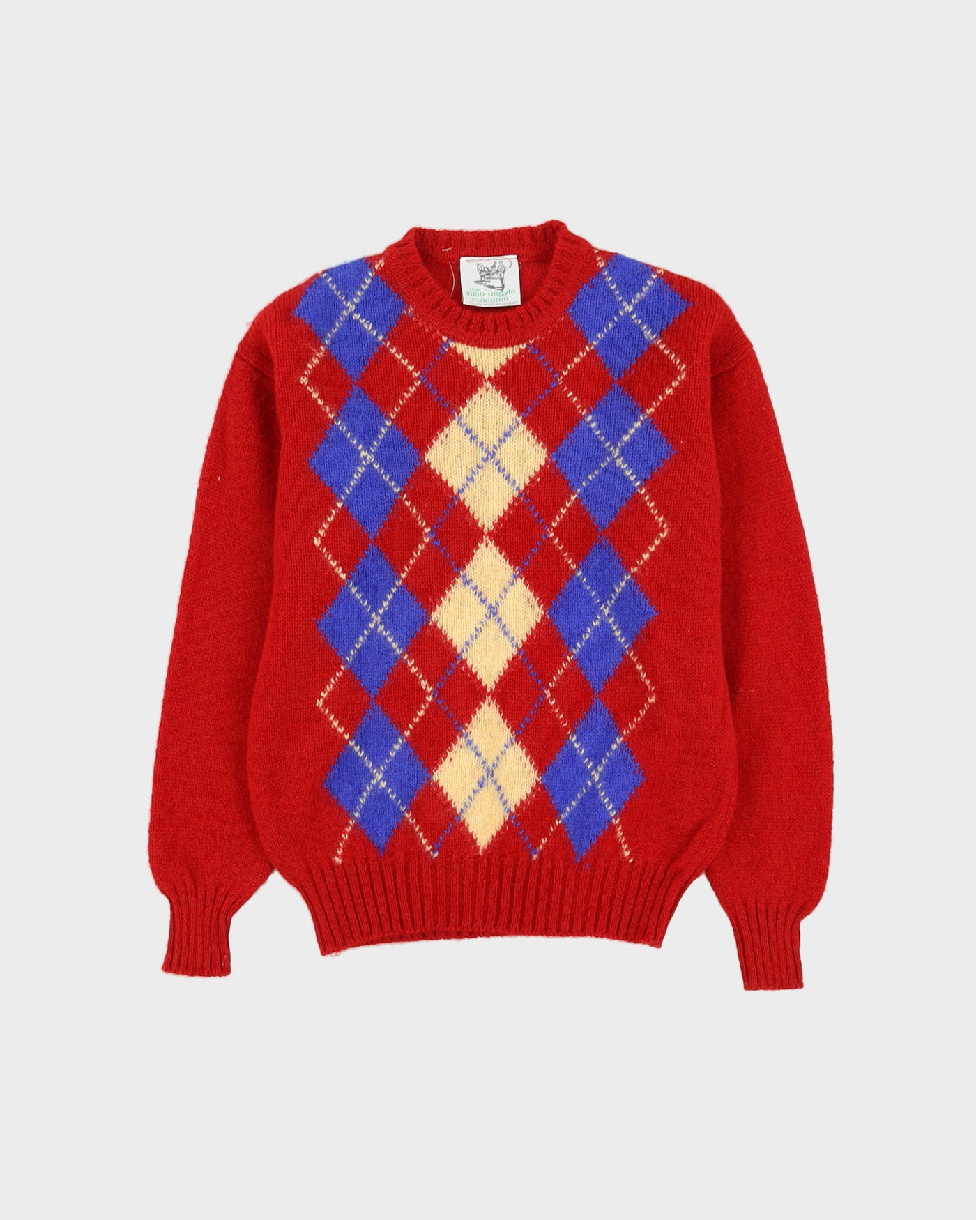 Irish Argyle Red Wool Knitted Jumper - S