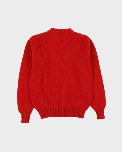 Irish Argyle Red Wool Knitted Jumper - S