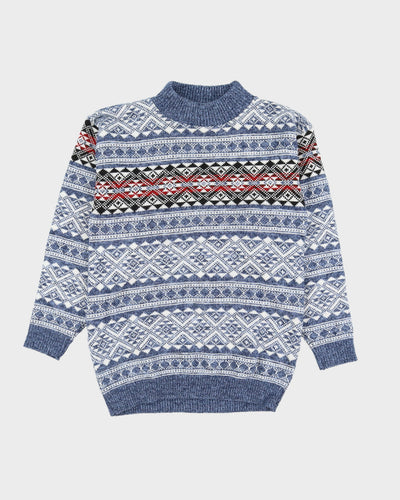 Blue Patterned Knitted Jumper - S