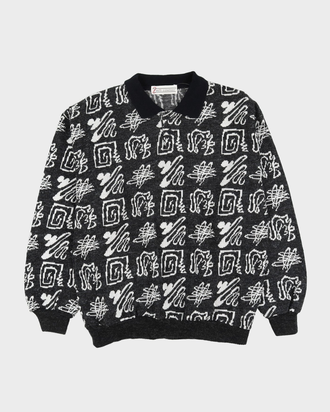 Grey And White Patterned Knitted Jumper - M