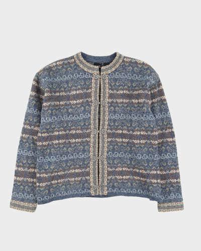 Blue Patterned Wool Knitted Cardigan - L