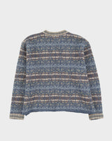 Blue Patterned Wool Knitted Cardigan - L