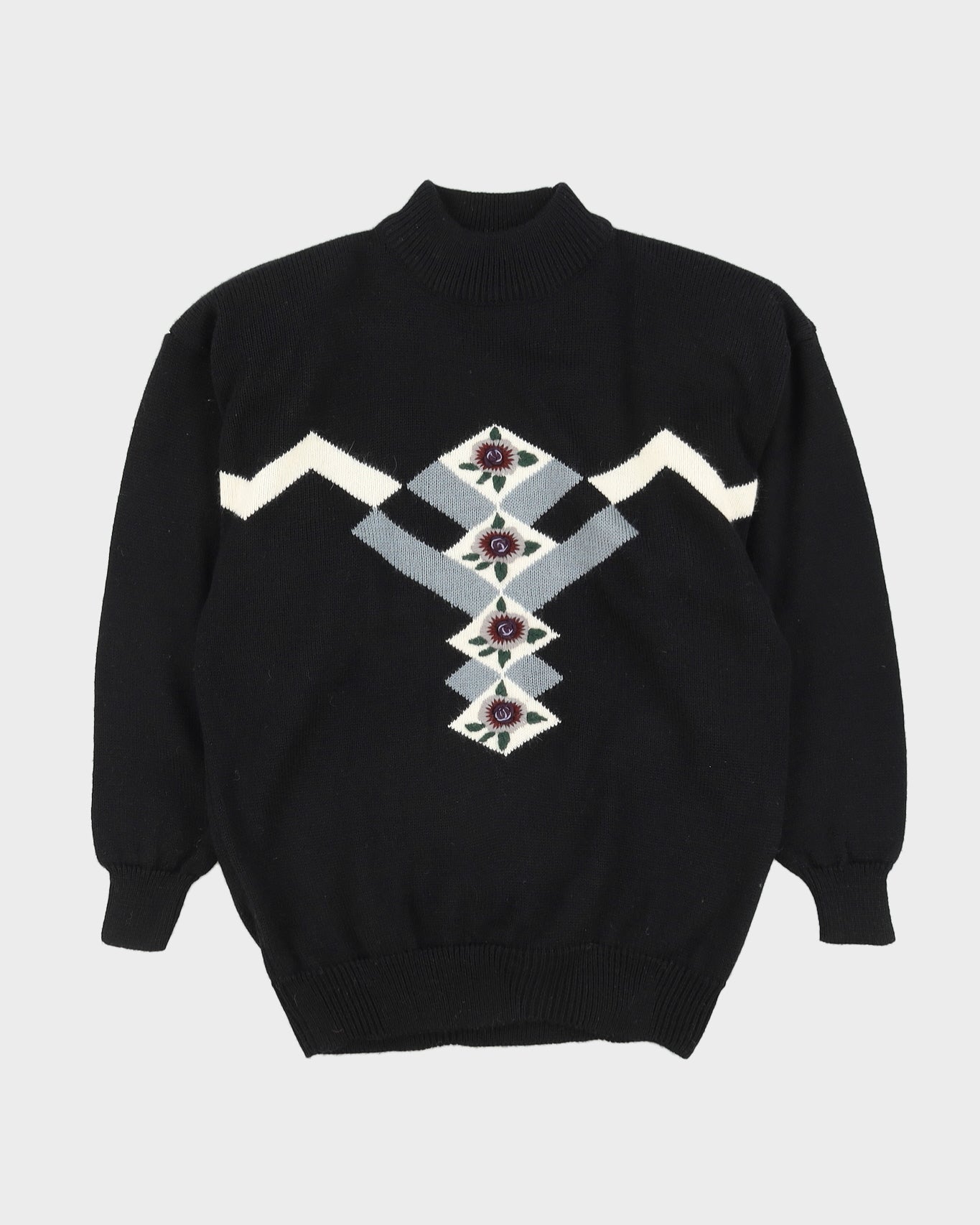 Black With Floral Embroidery Knitted Jumper - M