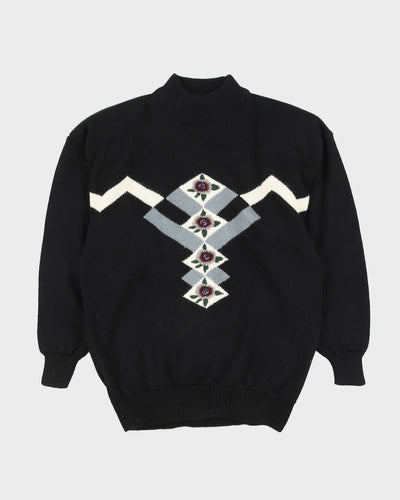 Black With Floral Embroidery Knitted Jumper - M