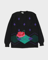 Black With Rose Pattern Knitted Jumper - S