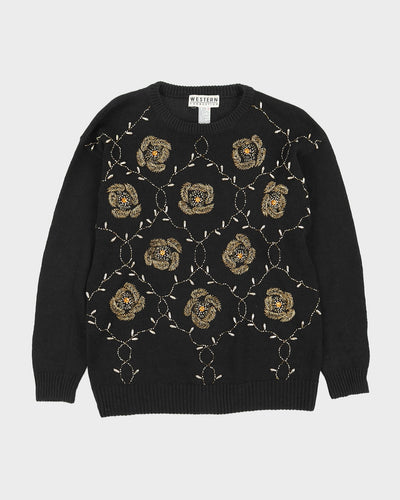 Black Beads Embellished Knitted Jumper - M