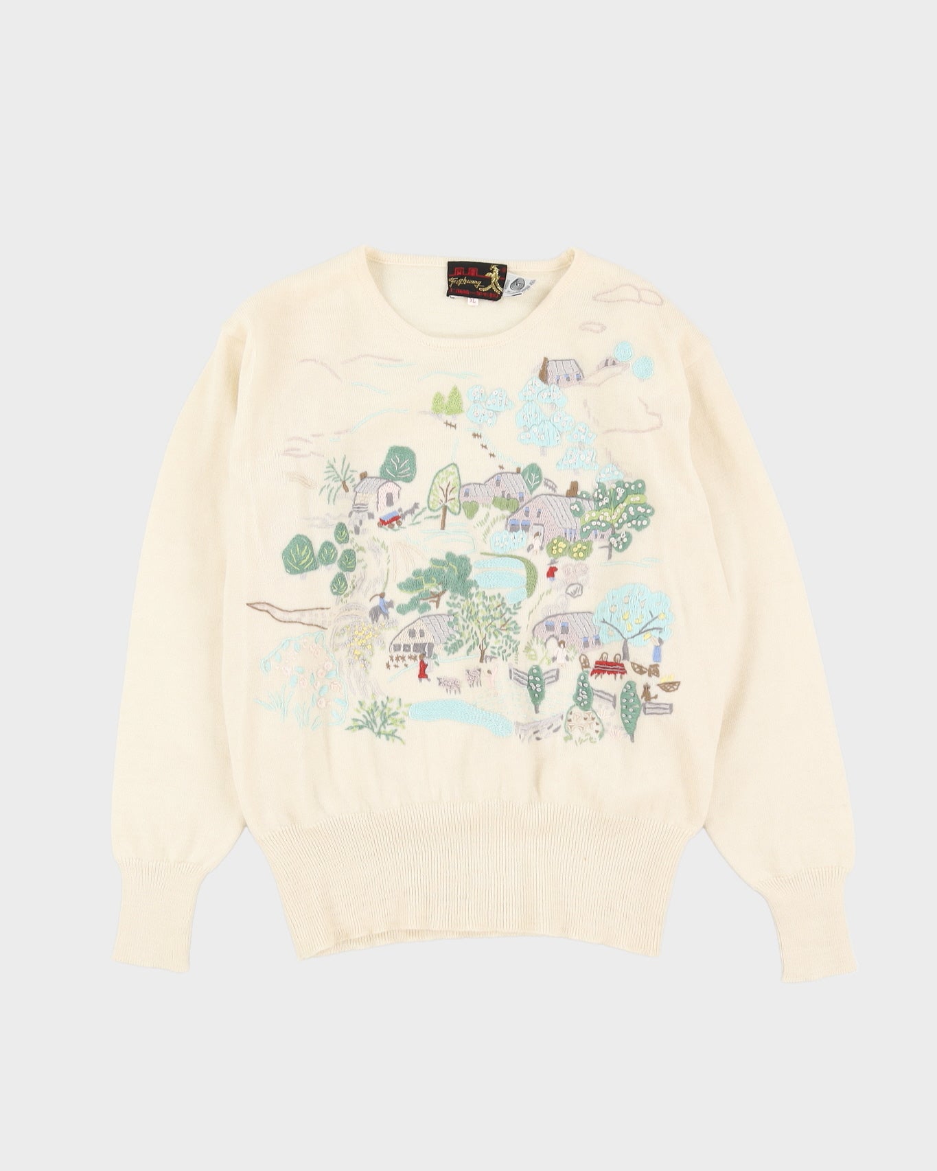 Cream With Landscape Embroidery Knitted Jumper - M
