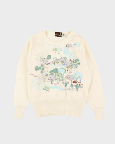 Cream With Landscape Embroidery Knitted Jumper - M