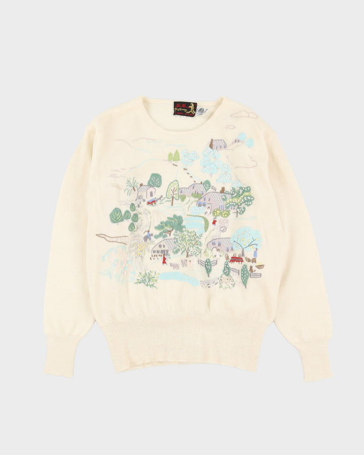 Cream With Landscape Embroidery Knitted Jumper - M
