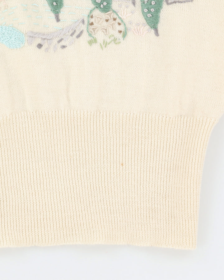 Cream With Landscape Embroidery Knitted Jumper - M