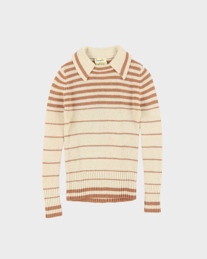 Vintage 1970s Beige Striped Knitted Jumper - XXS